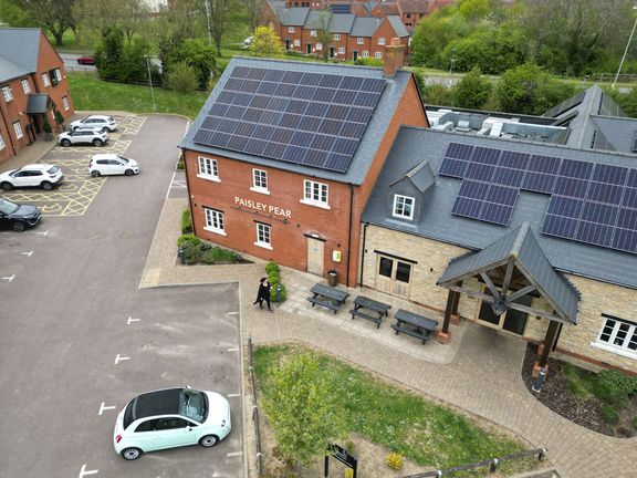 Aerial photo of Paisley Pear pub showing solar panels on roof