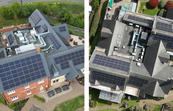 Aerial photo of the Paisley Pear and Wig & Walnut pubs showing solar panels on roof