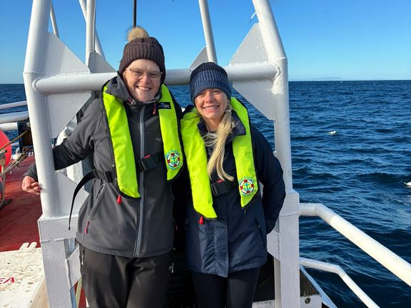 Sophie Edwards and Ruth Pheysey on fishing boat